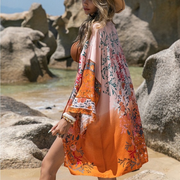 Printed long sleeve cover up- orange - Picture 1 of 8